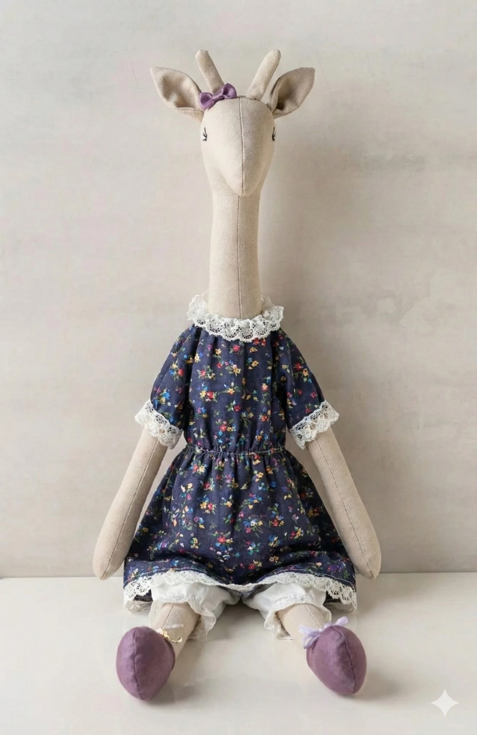 Bez Zürafa Oyuncak (Kız) / Lacivert Çiçekli Elbiseli ve Fiyonklu – Maviş