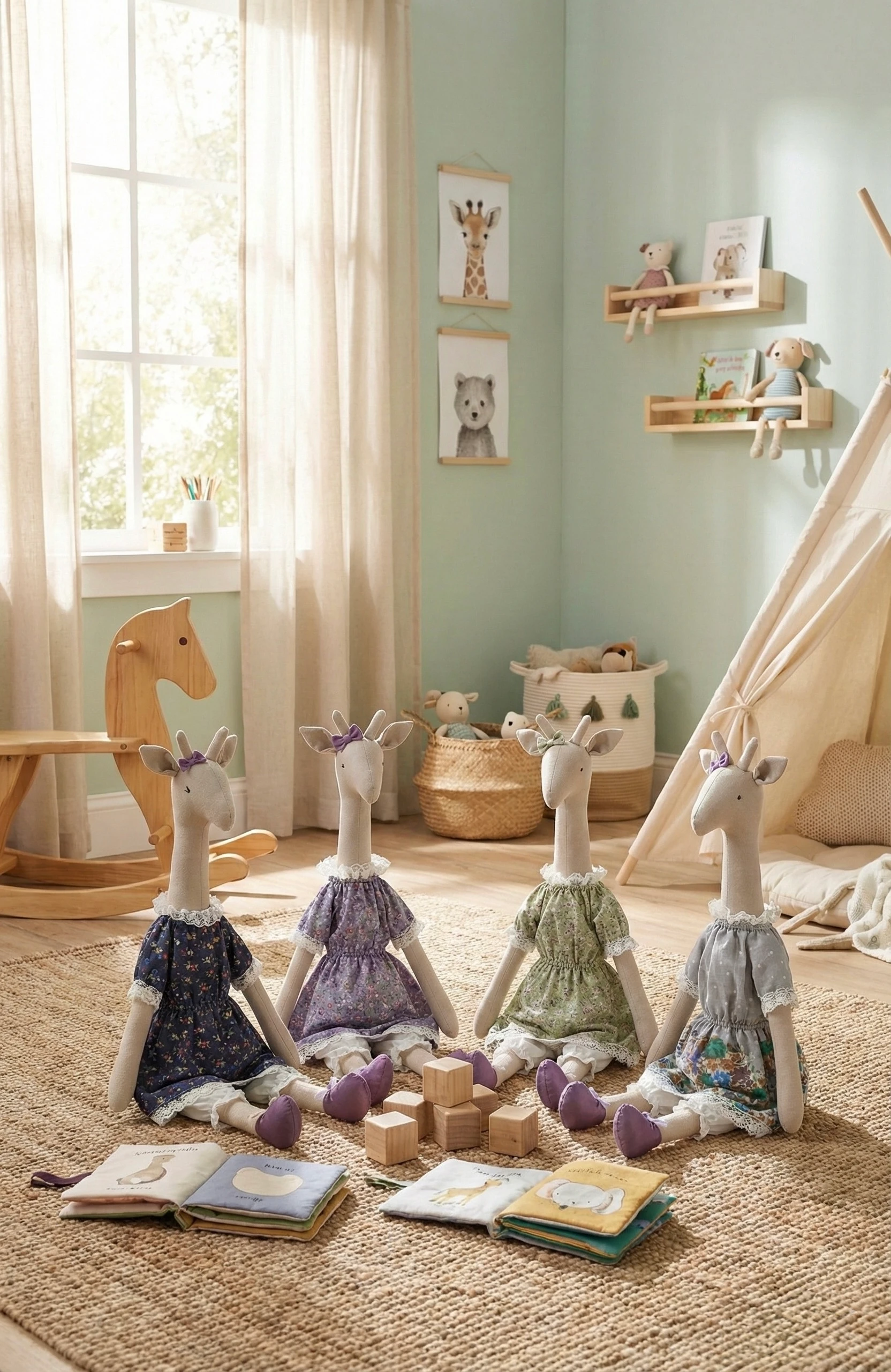 Bez Zürafa Oyuncak (Kız) / Lacivert Çiçekli Elbiseli ve Fiyonklu – Maviş