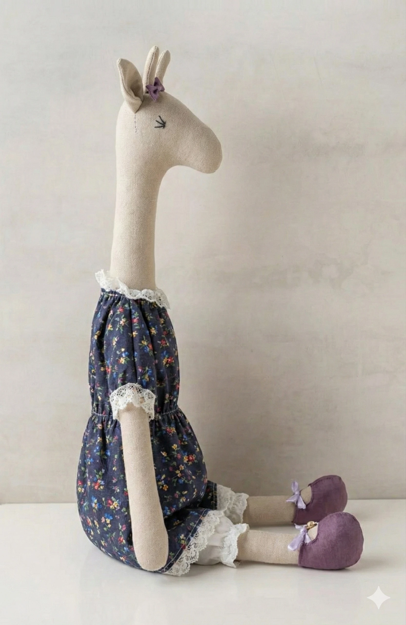 Bez Zürafa Oyuncak (Kız) / Lacivert Çiçekli Elbiseli ve Fiyonklu – Maviş