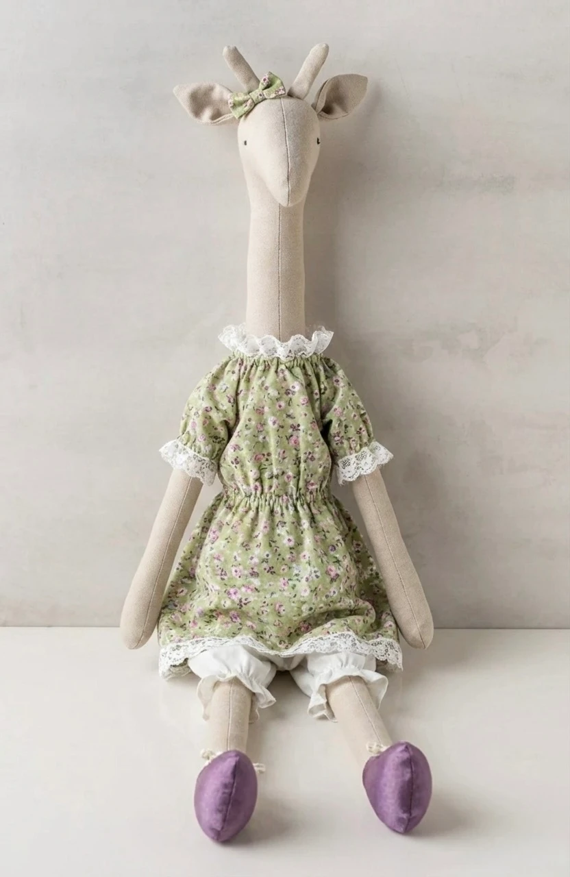 Bez Zürafa Oyuncak (Kız) / Yeşil Çiçekli Elbiseli ve Fiyonklu – Su