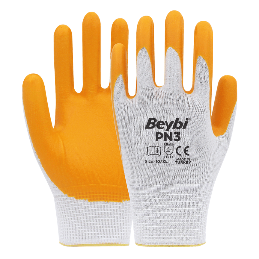 Beybi PN3 Polyester Örme Nitril Eldiven - Sarı - No: 10  XL- 12 Çift