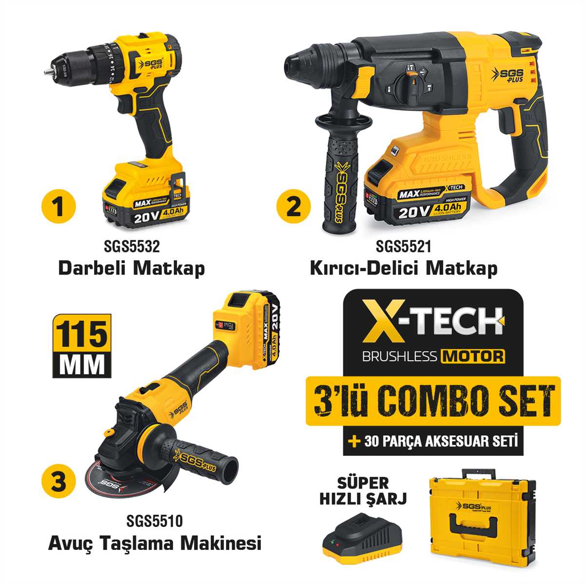 SGS COMBO SET 3 PARÇA (Darbeli Matkap/Kırıcı-Delici Matkap/Avuç Taslama Makinesi)