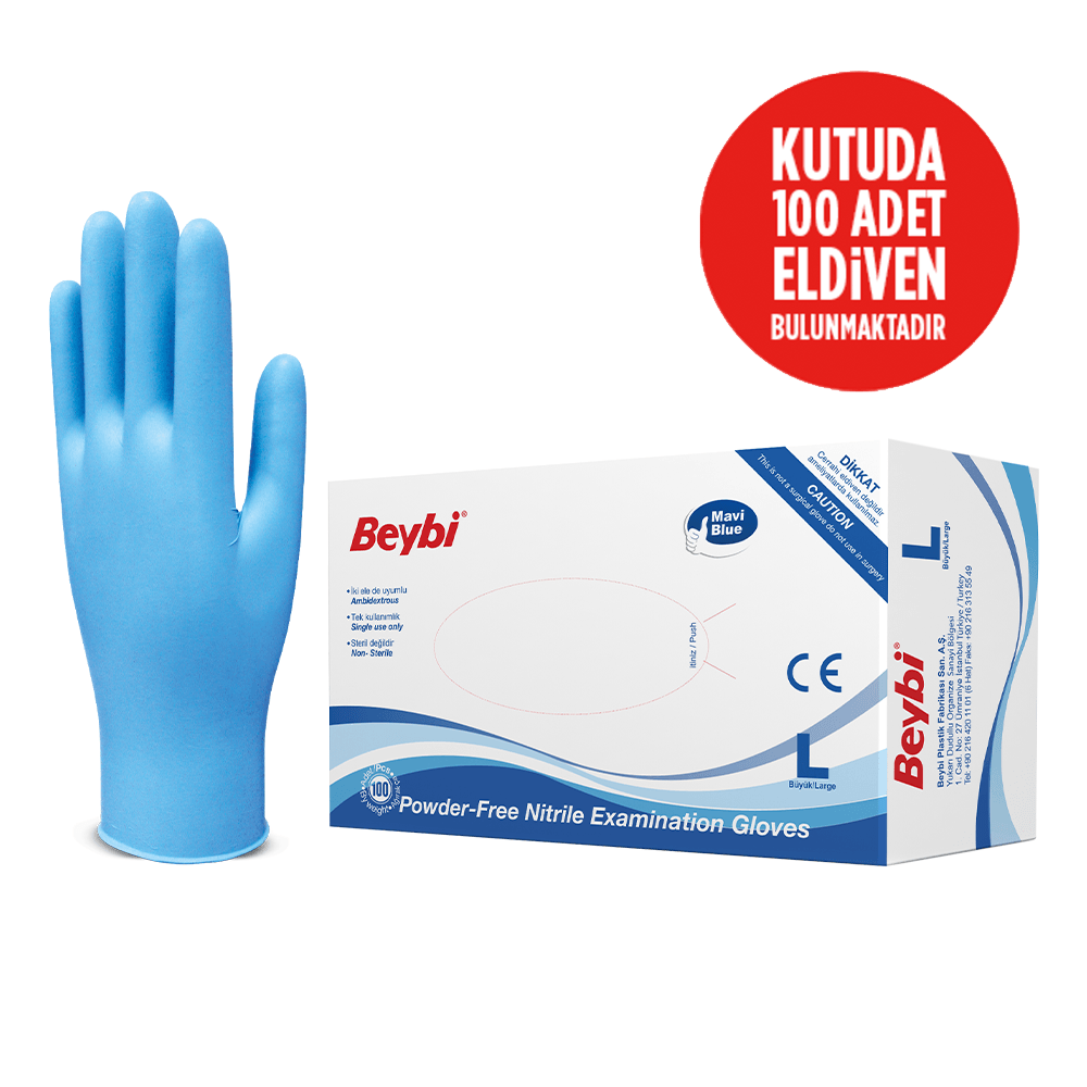 Beybi Pudrasız Mavi Nitril Muayene Eldiveni - 100'lük Kutu