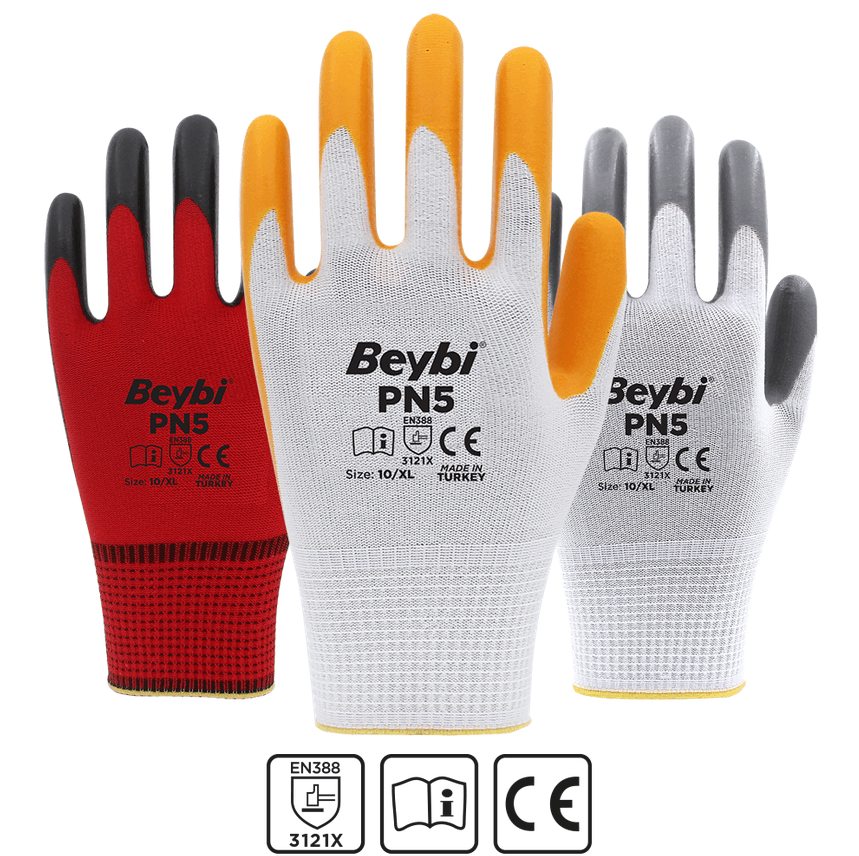 Beybi PN5 Polyester Örme Nitril Eldiven- Sarı - Numara: 10 - 12 Çift