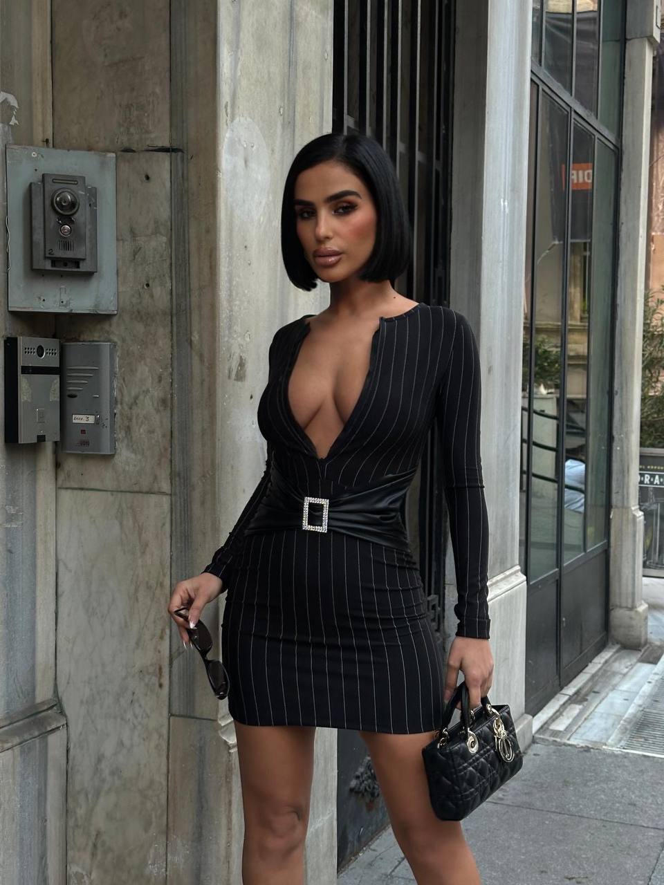 V Yaka Derin Dekolteli Çizgili Bodycon Mini Abiye Elbise - Siyah