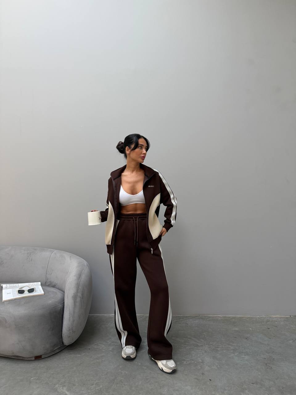 Retro Color Block 3 İplik Şardonlu Nakış Detaylı Kadın Eşofman Takımı