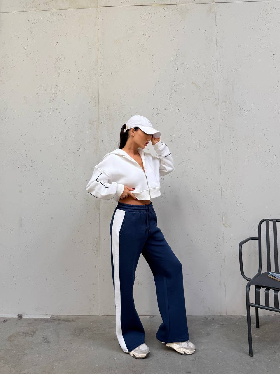 Crop Fermuarlı Kapüşonlu & Biyeli Geniş Paça 3 İplik Eşofman Takımı - lacivert