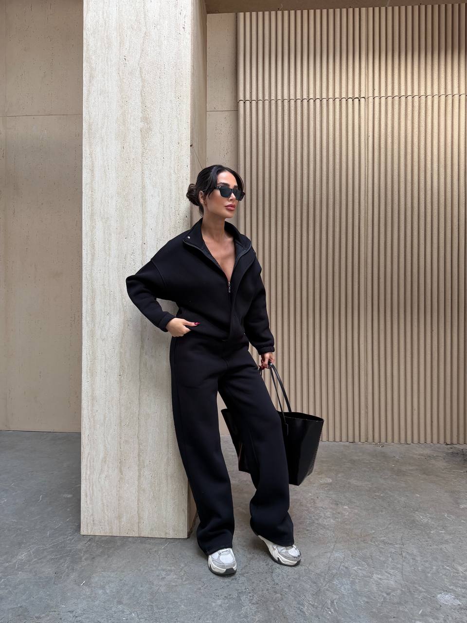 Oversize Dik Yaka Fermuarlı 3 İplik Şardonlu Kışlık Kadın Eşofman Takımı