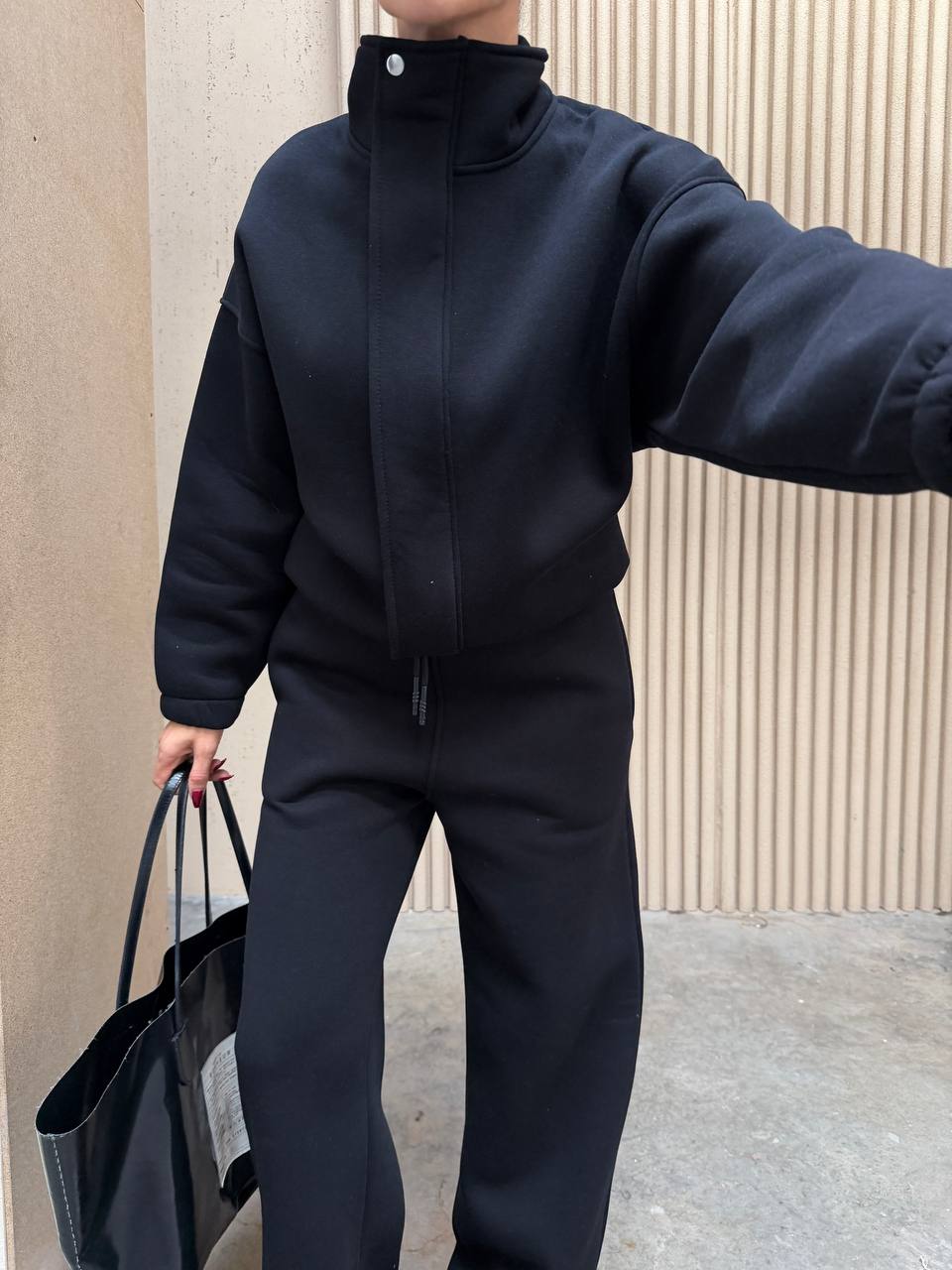 Oversize Dik Yaka Fermuarlı 3 İplik Şardonlu Kışlık Kadın Eşofman Takımı