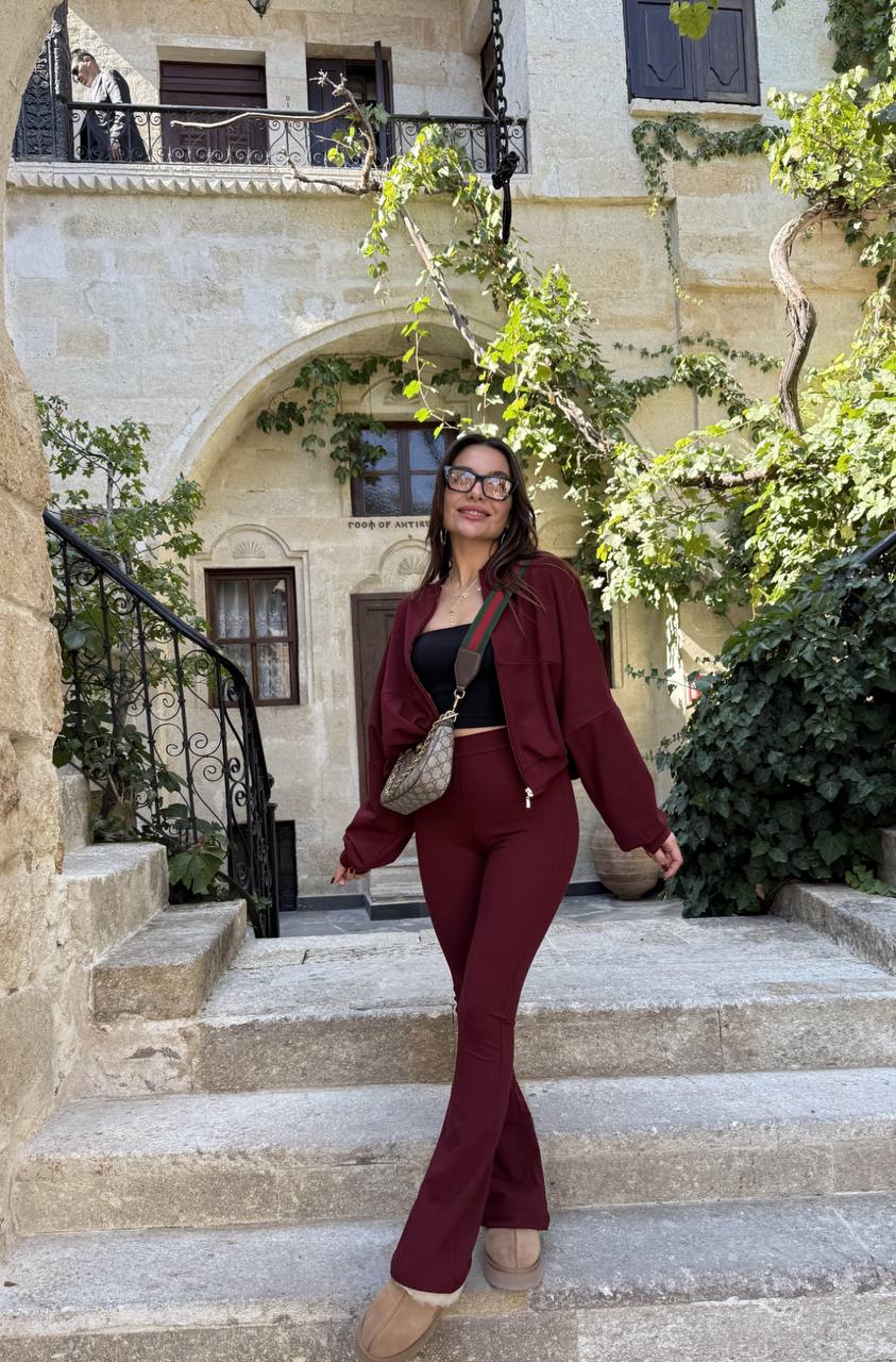 Crop Fermuarlı Full Likralı Jogger Takım - Bordo