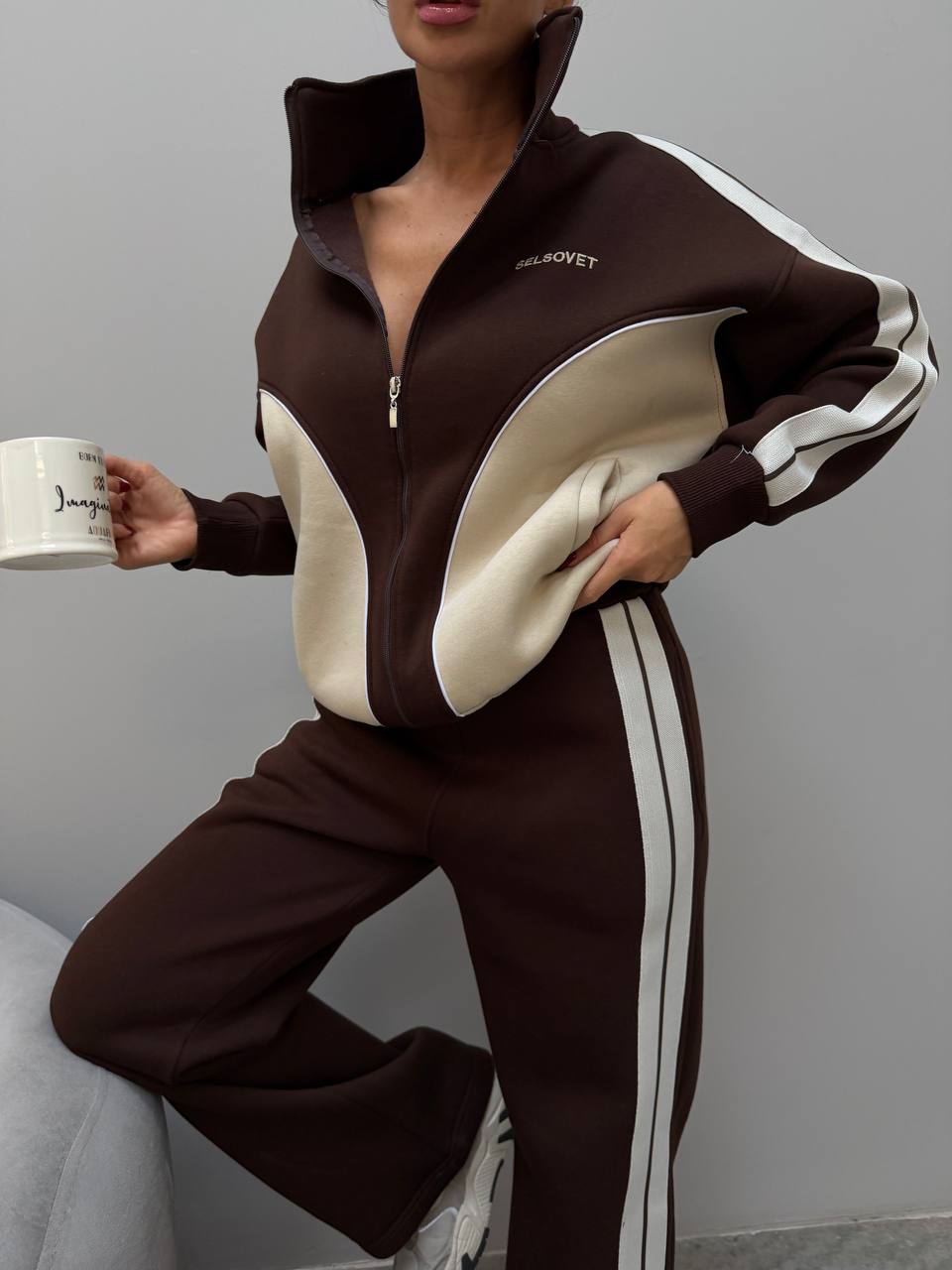 Retro Color Block 3 İplik Şardonlu Nakış Detaylı Kadın Eşofman Takımı