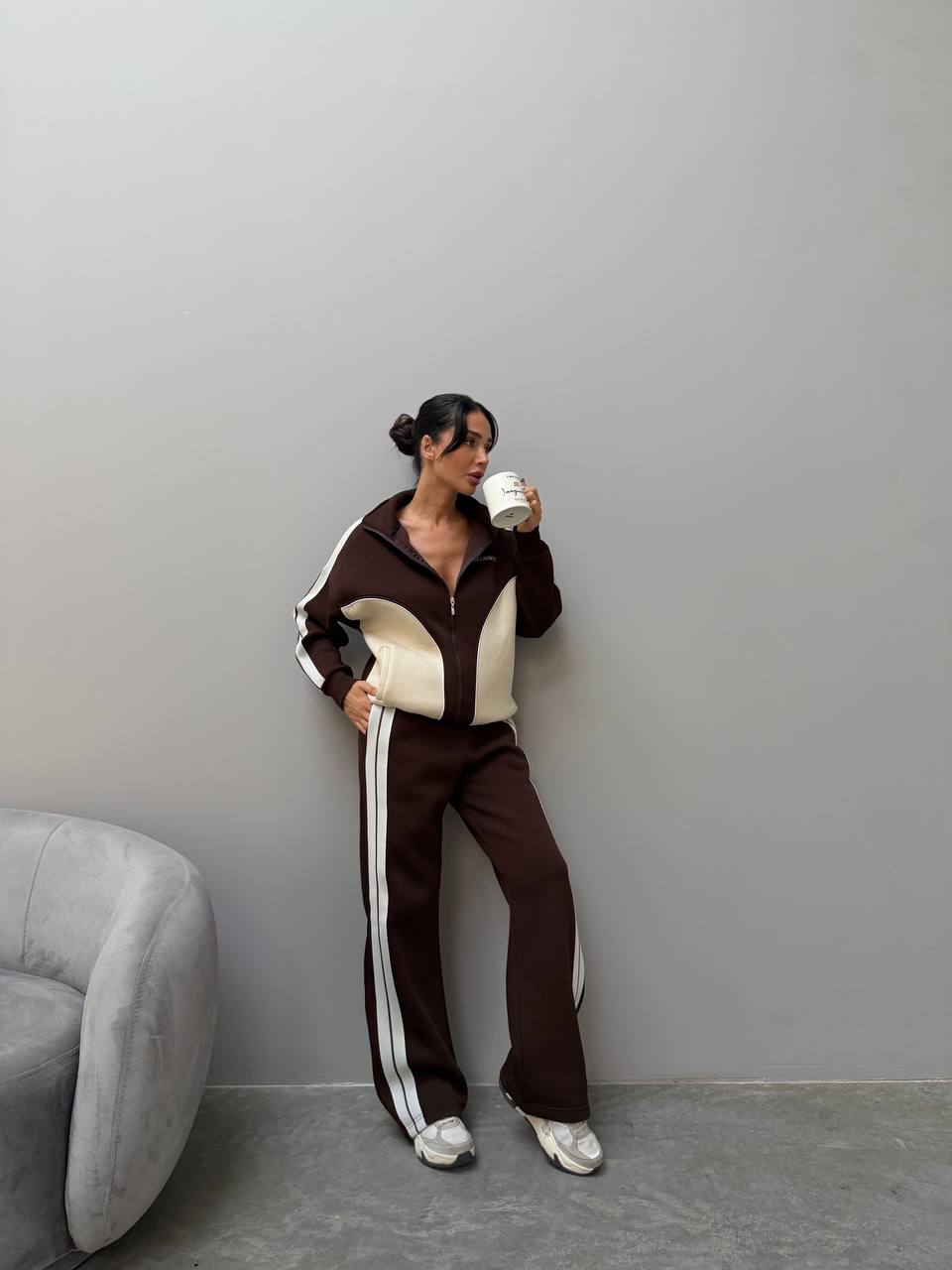 Retro Color Block 3 İplik Şardonlu Nakış Detaylı Kadın Eşofman Takımı