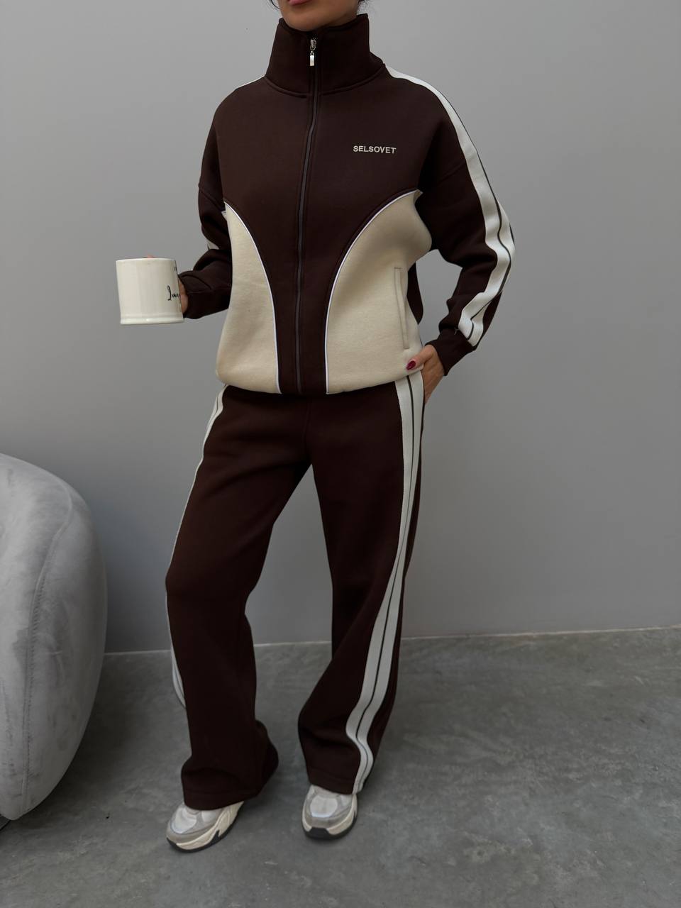 Retro Color Block 3 İplik Şardonlu Nakış Detaylı Kadın Eşofman Takımı