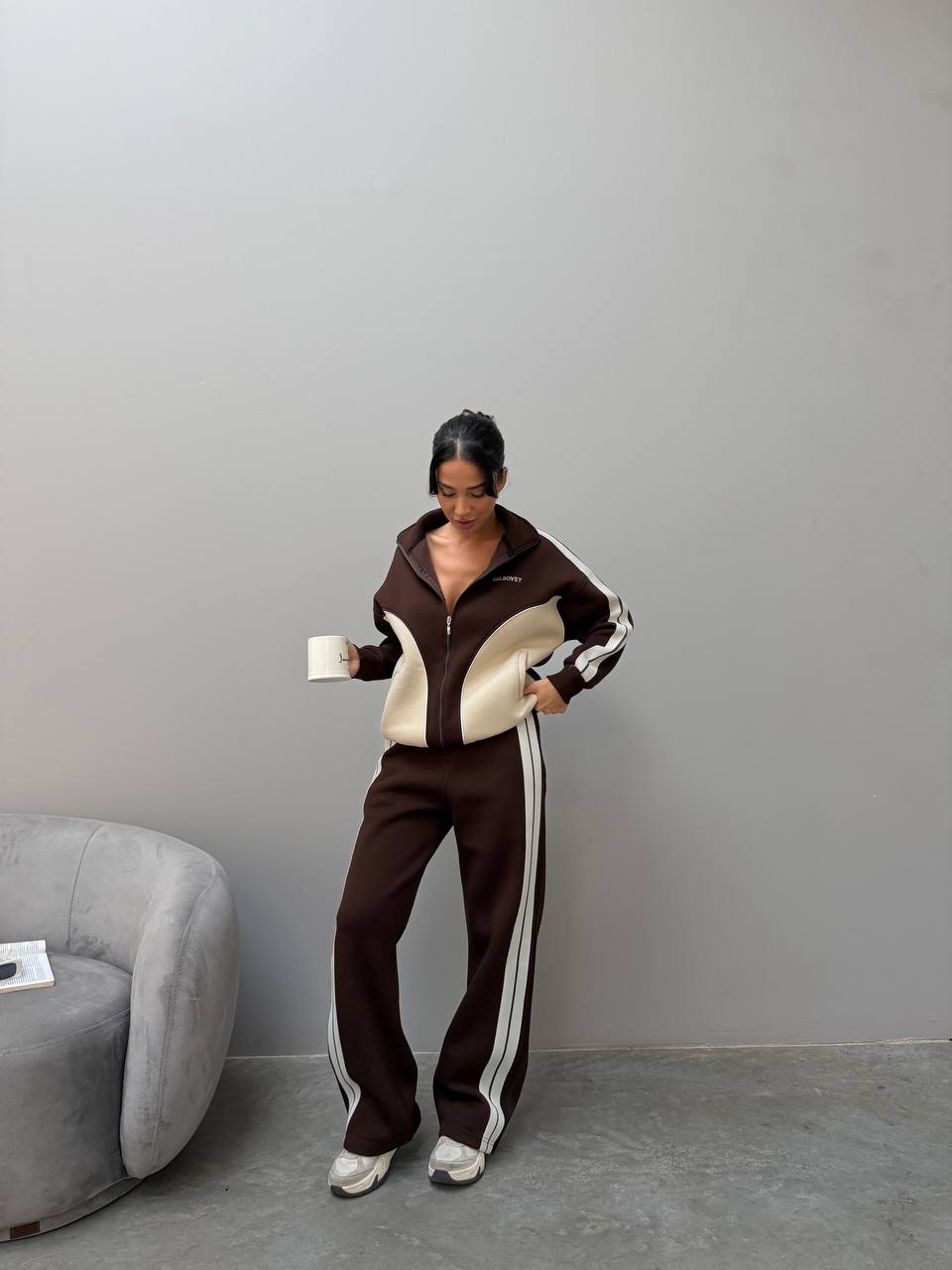 Retro Color Block 3 İplik Şardonlu Nakış Detaylı Kadın Eşofman Takımı