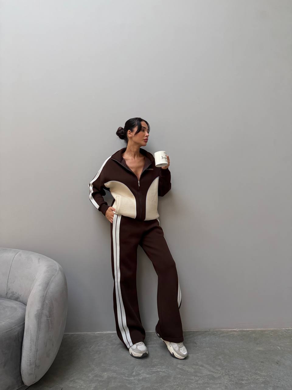 Retro Color Block 3 İplik Şardonlu Nakış Detaylı Kadın Eşofman Takımı