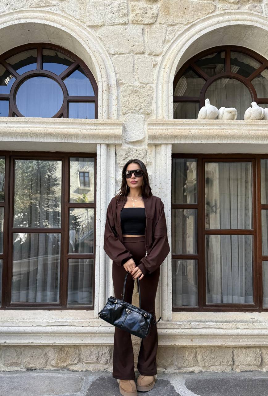 Crop Fermuarlı Full Likralı Jogger Takım