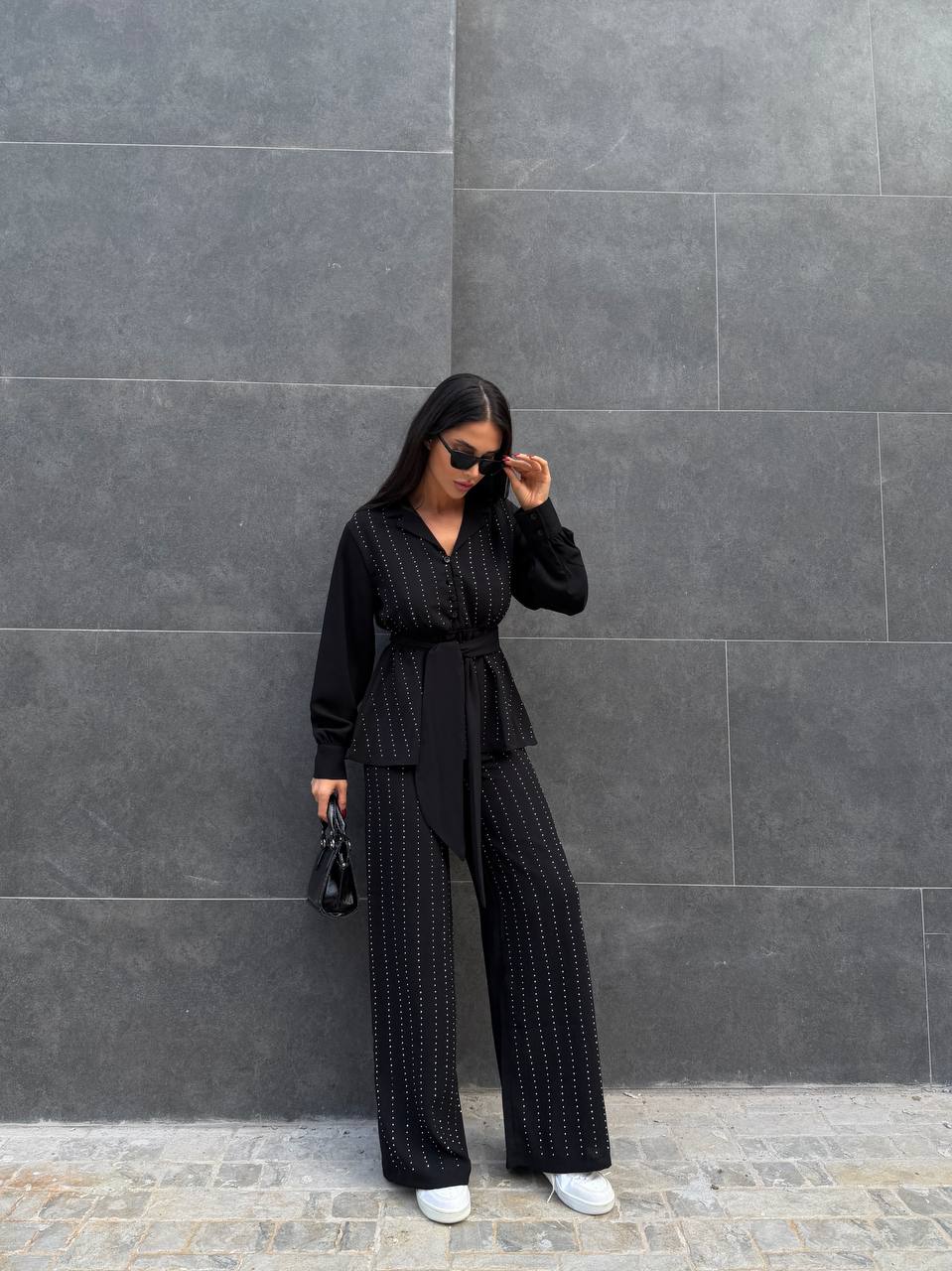 Kemerli Kristal Taş İşlemeli Ruby Kumaş Bluz & Pantolon Takım