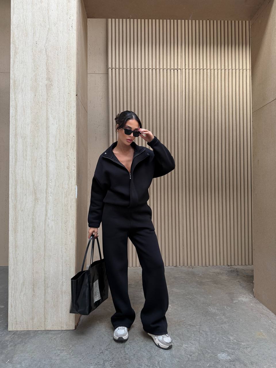 Oversize Dik Yaka Fermuarlı 3 İplik Şardonlu Kışlık Kadın Eşofman Takımı