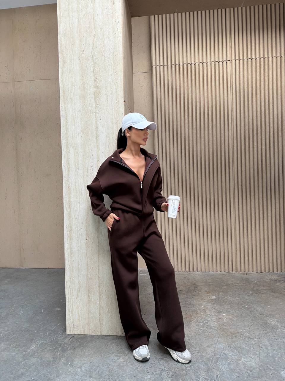 Oversize Dik Yaka Fermuarlı 3 İplik Şardonlu Kışlık Kadın Eşofman Takımı - Kahverengi