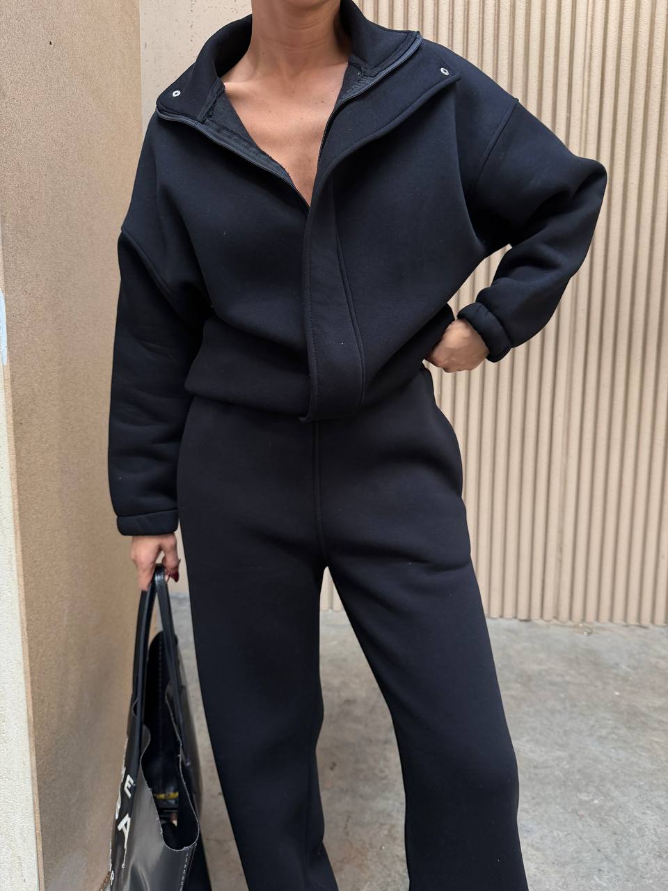 Oversize Dik Yaka Fermuarlı 3 İplik Şardonlu Kışlık Kadın Eşofman Takımı