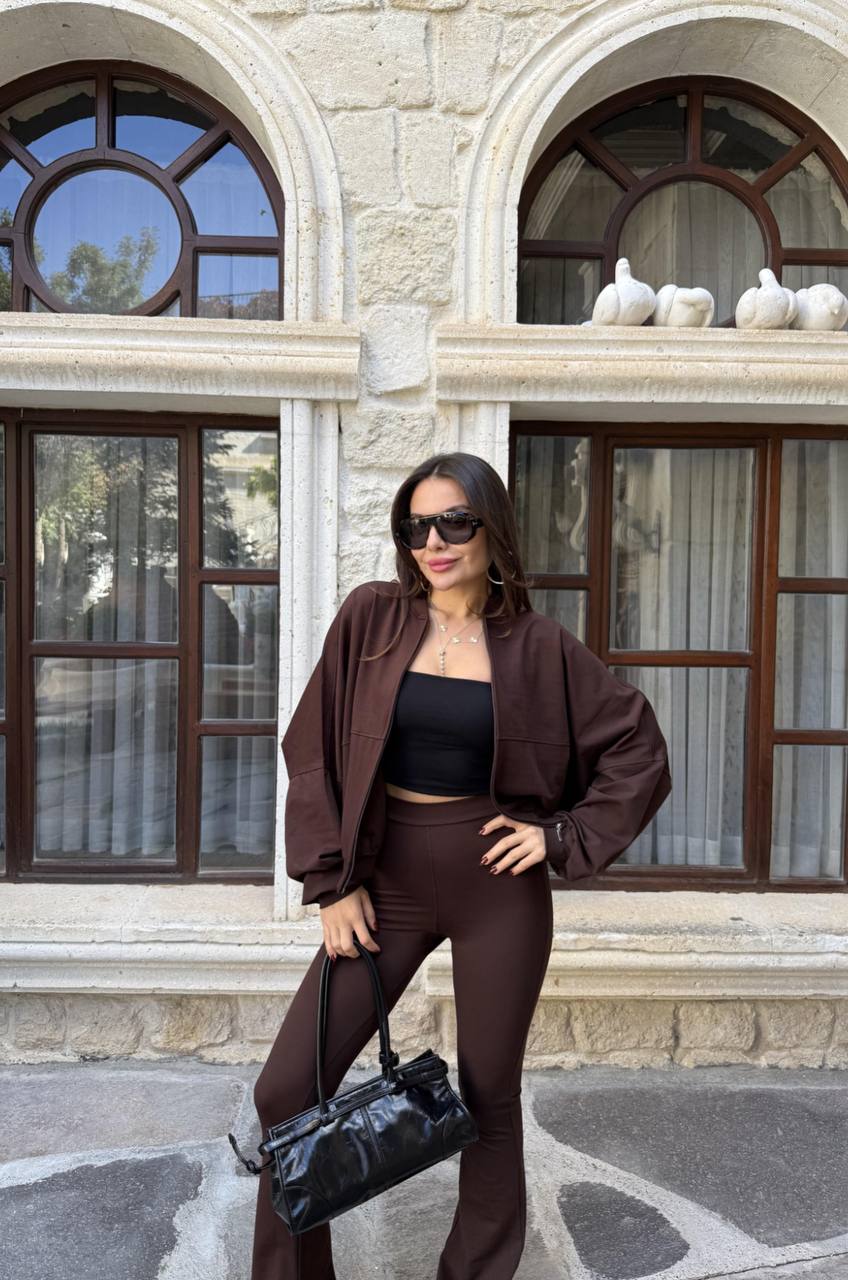 Crop Fermuarlı Full Likralı Jogger Takım