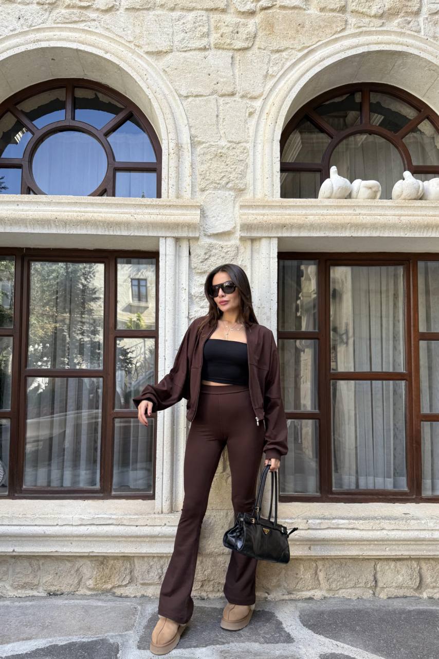 Crop Fermuarlı Full Likralı Jogger Takım