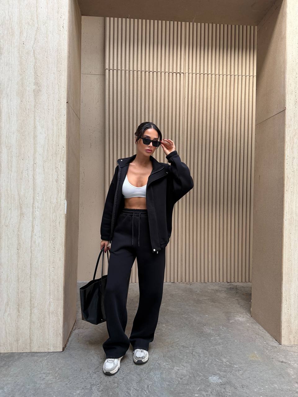 Oversize Dik Yaka Fermuarlı 3 İplik Şardonlu Kışlık Kadın Eşofman Takımı