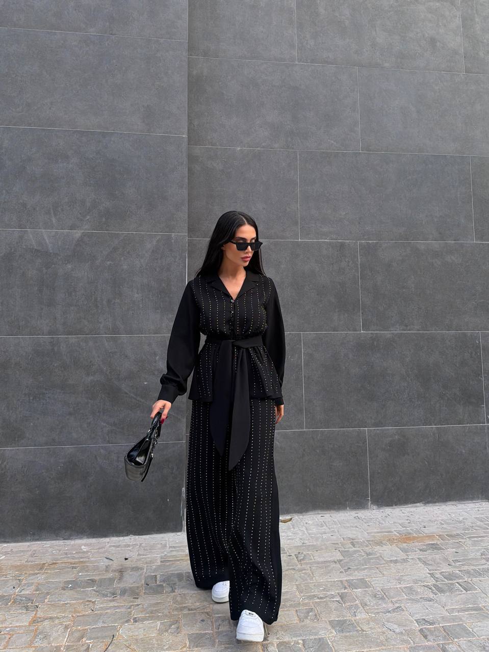 Kemerli Kristal Taş İşlemeli Ruby Kumaş Bluz & Pantolon Takım