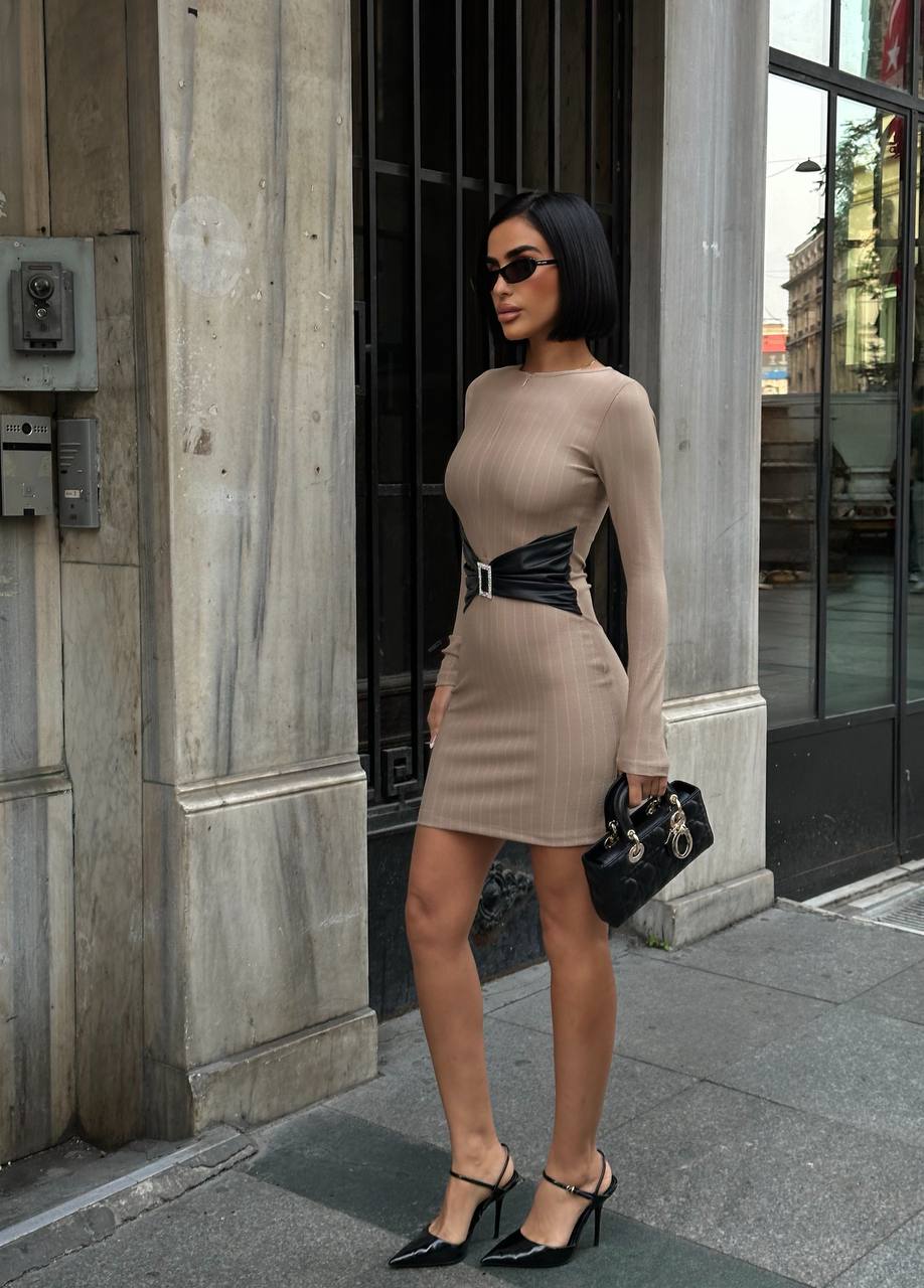 V Yaka Derin Dekolteli Çizgili Bodycon Mini Abiye Elbise