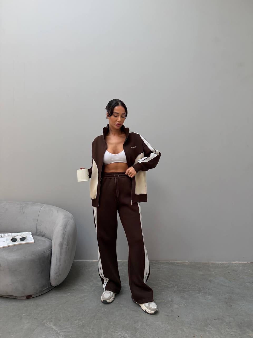 Retro Color Block 3 İplik Şardonlu Nakış Detaylı Kadın Eşofman Takımı