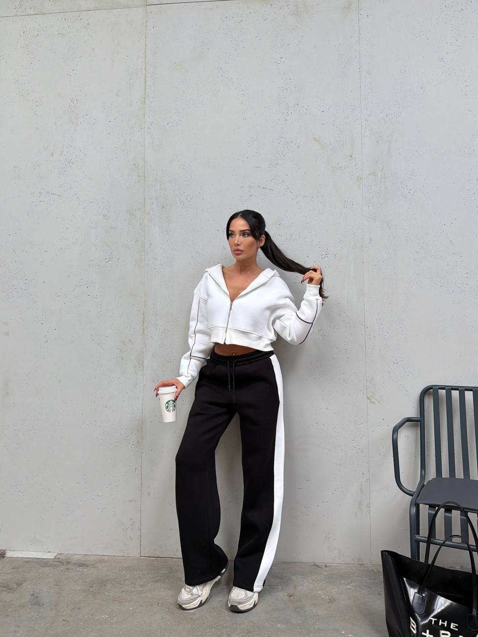 Crop Fermuarlı Kapüşonlu & Biyeli Geniş Paça 3 İplik Eşofman Takımı