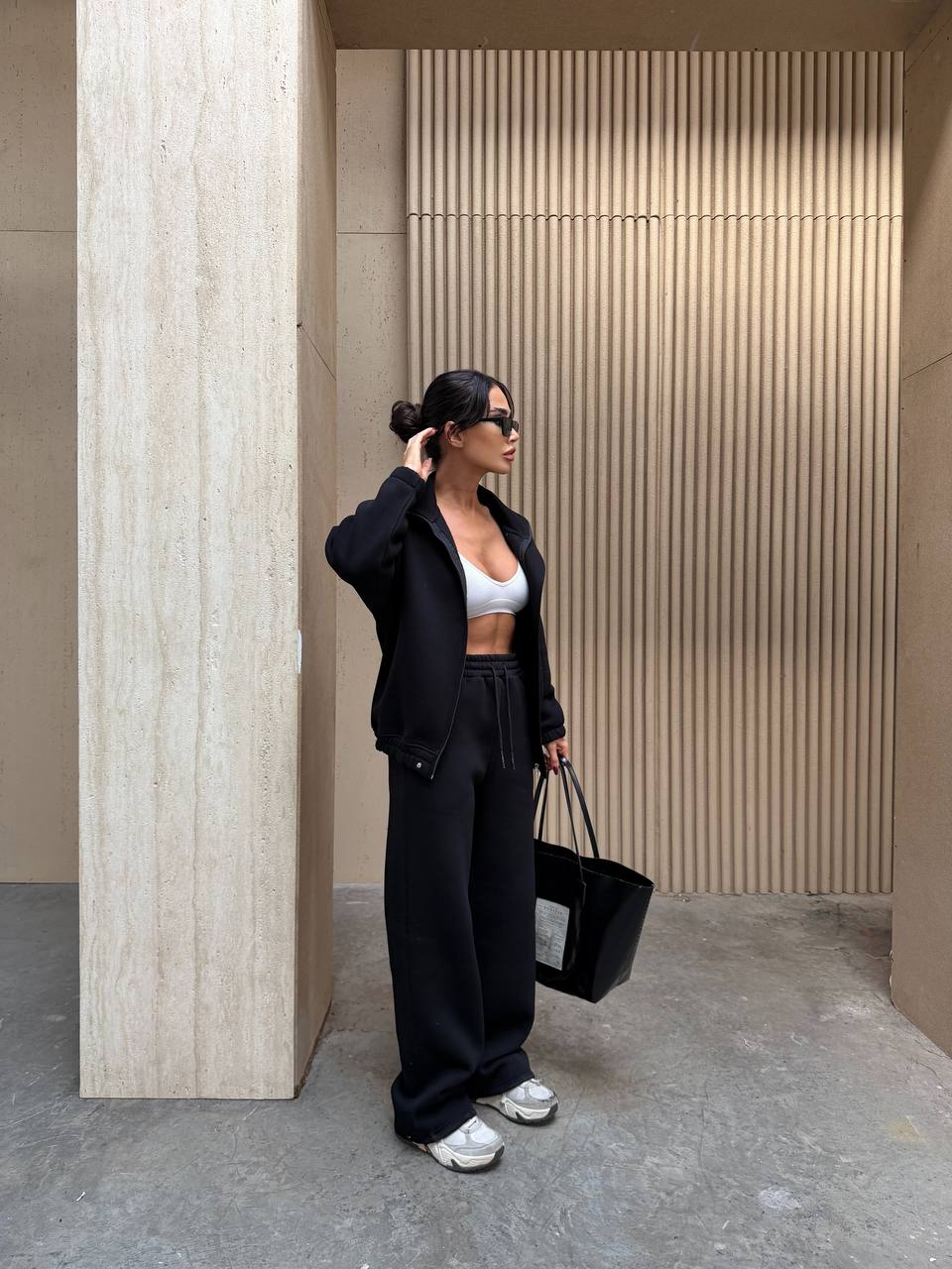 Oversize Dik Yaka Fermuarlı 3 İplik Şardonlu Kışlık Kadın Eşofman Takımı