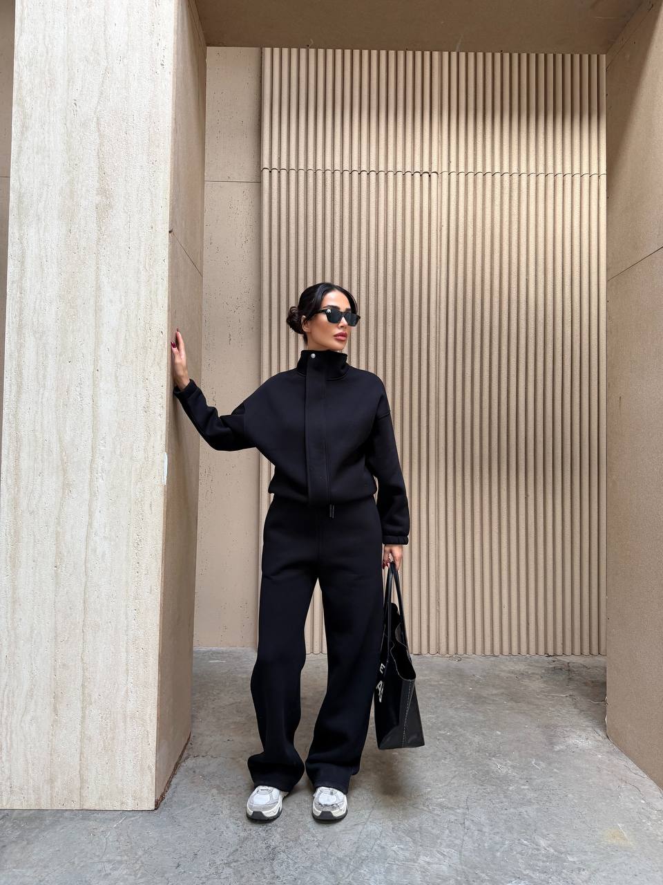 Oversize Dik Yaka Fermuarlı 3 İplik Şardonlu Kışlık Kadın Eşofman Takımı