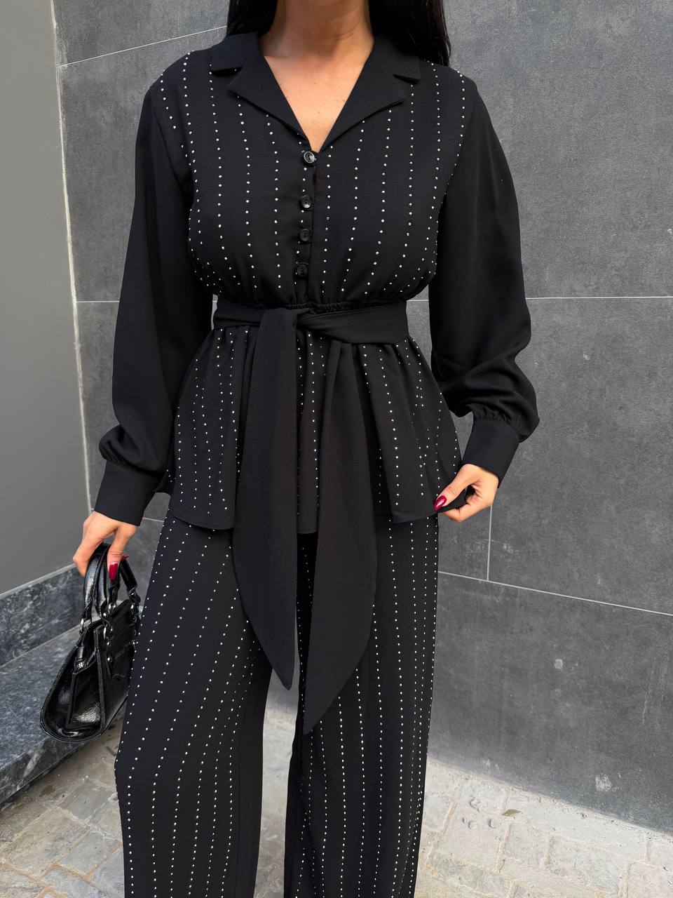 Kemerli Kristal Taş İşlemeli Ruby Kumaş Bluz & Pantolon Takım