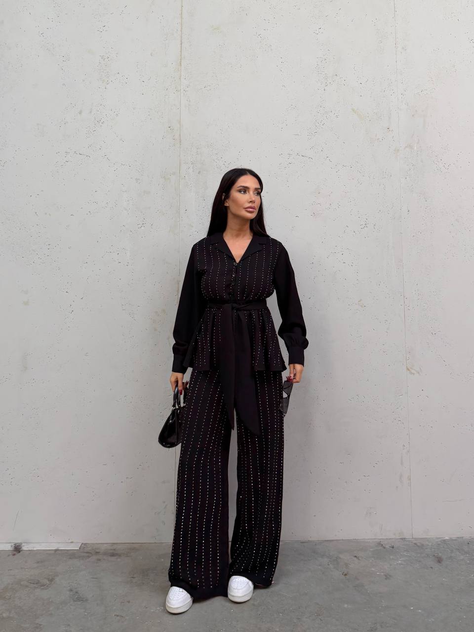 Kemerli Kristal Taş İşlemeli Ruby Kumaş Bluz & Pantolon Takım