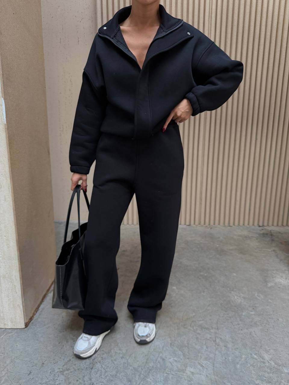 Oversize Dik Yaka Fermuarlı 3 İplik Şardonlu Kışlık Kadın Eşofman Takımı