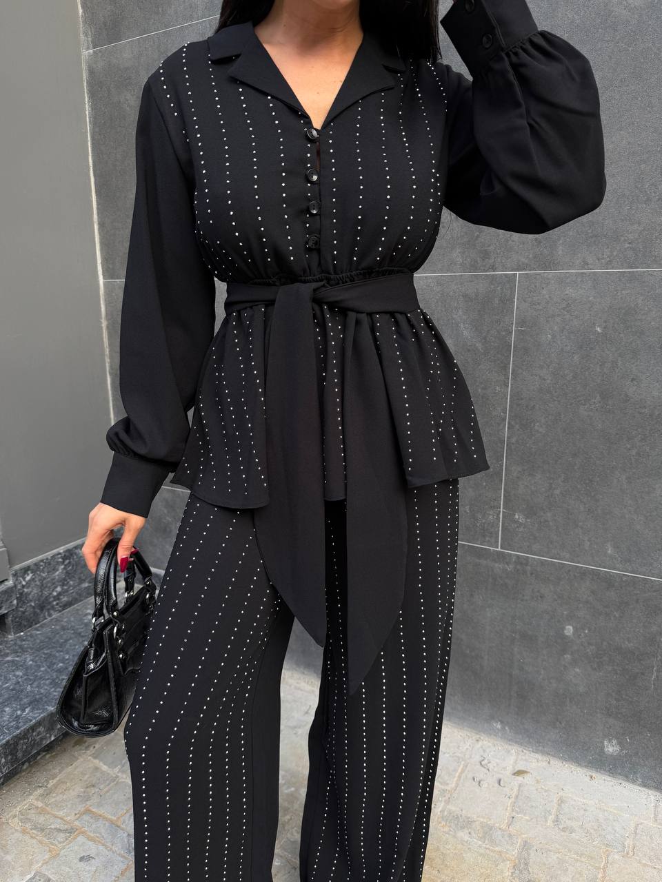 Kemerli Kristal Taş İşlemeli Ruby Kumaş Bluz & Pantolon Takım