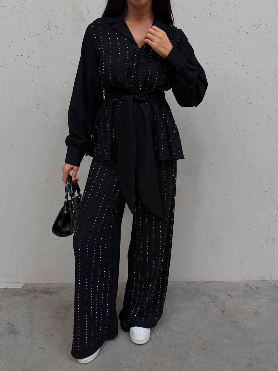 Kemerli Kristal Taş İşlemeli Ruby Kumaş Bluz & Pantolon Takım