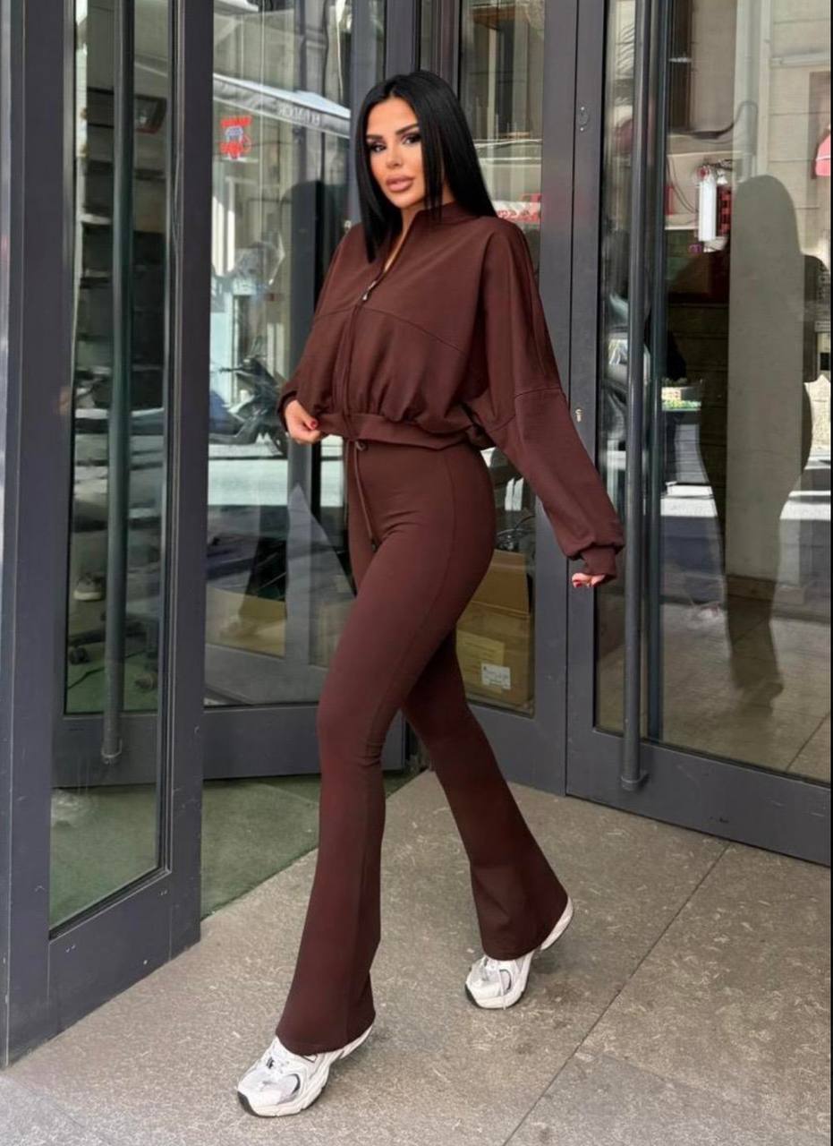 Crop Fermuarlı Full Likralı Jogger Takım