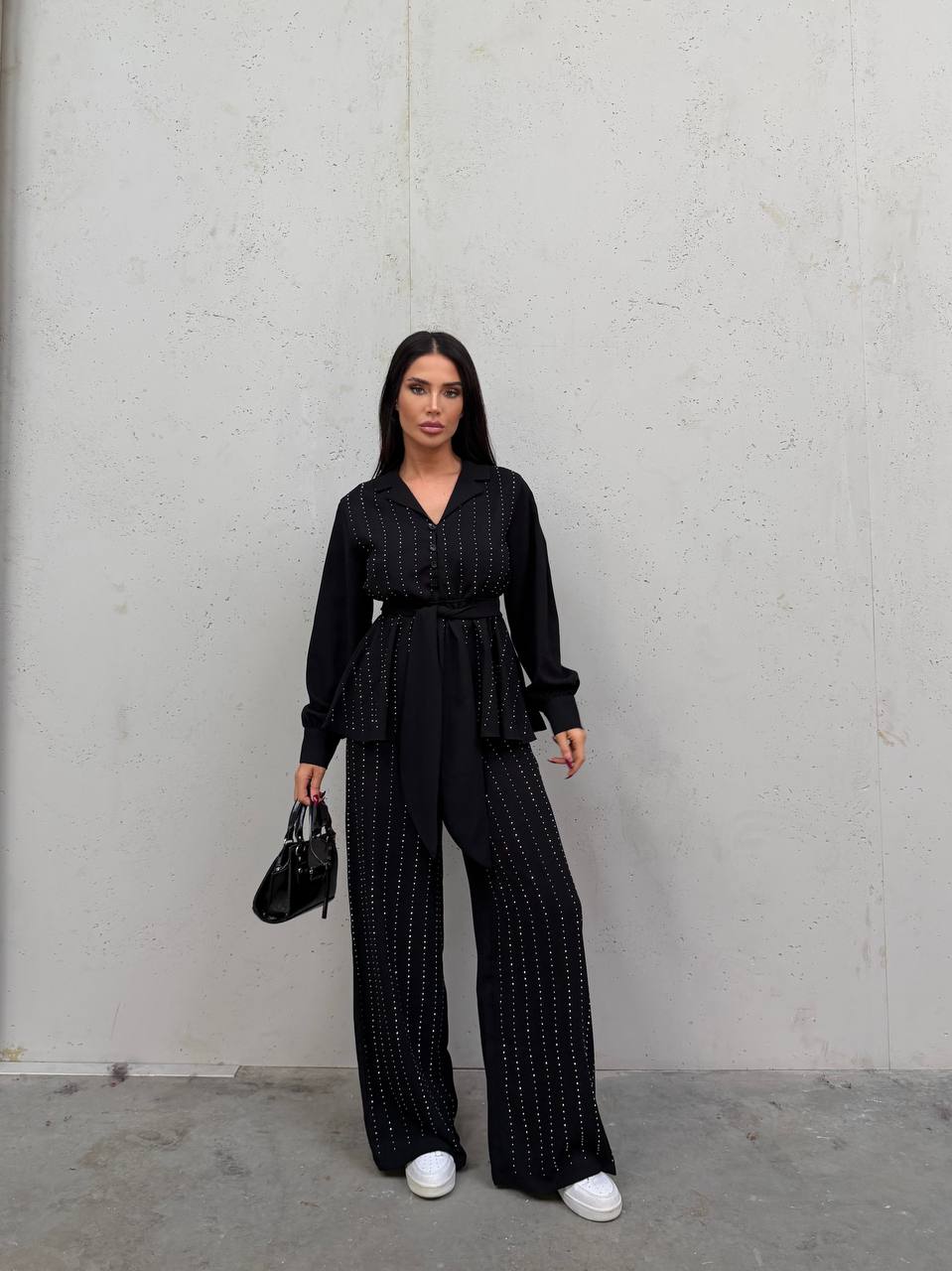 Kemerli Kristal Taş İşlemeli Ruby Kumaş Bluz & Pantolon Takım