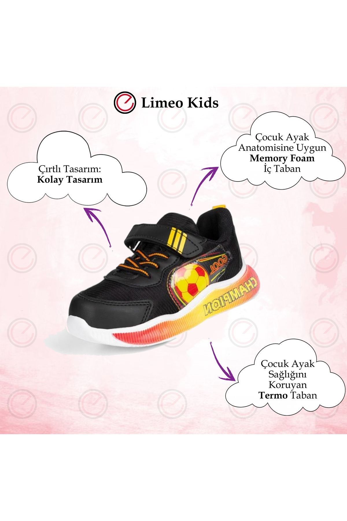 Unisex Spor Fanatik Sarı Kırmızı Taraftar Cırtlı Esnek Taban Dayanıklı Sneaker Çocuk Spor Ayakkabı