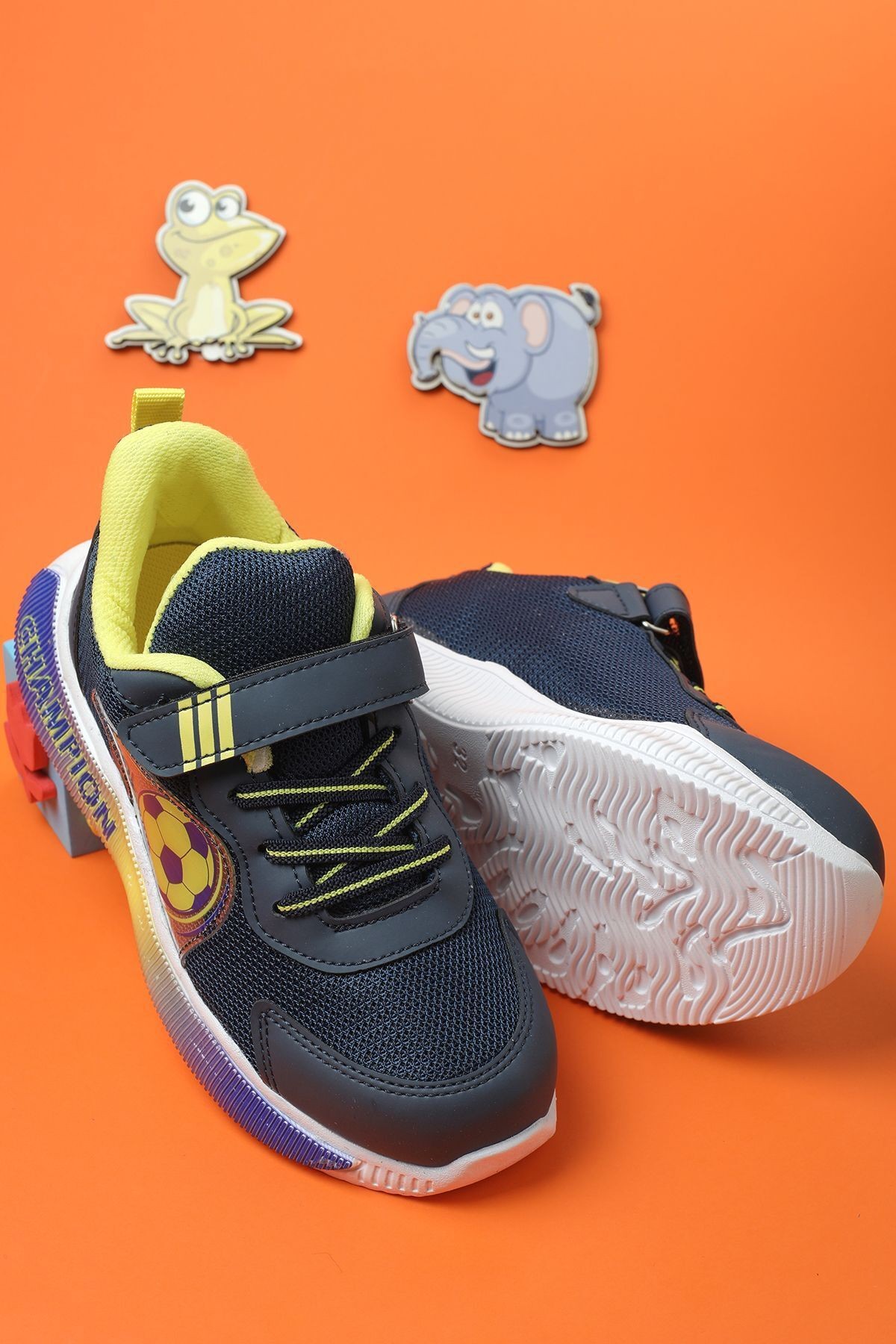 Unisex Spor Fanatik  Sarı Lacivert Taraftar Cırtlı Esnek Taban Dayanıklı Sneaker Çocuk Spor Ayakkabı