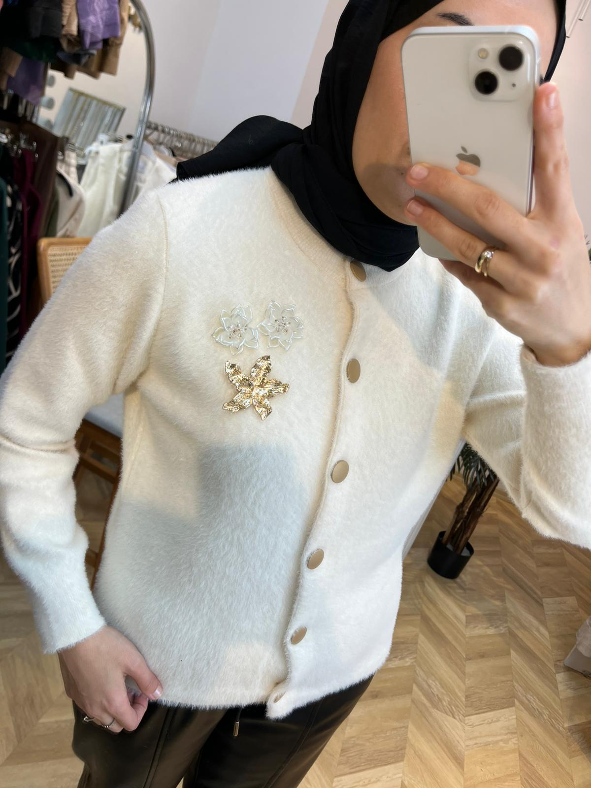 Düğmeli Angora Kazak Ekru