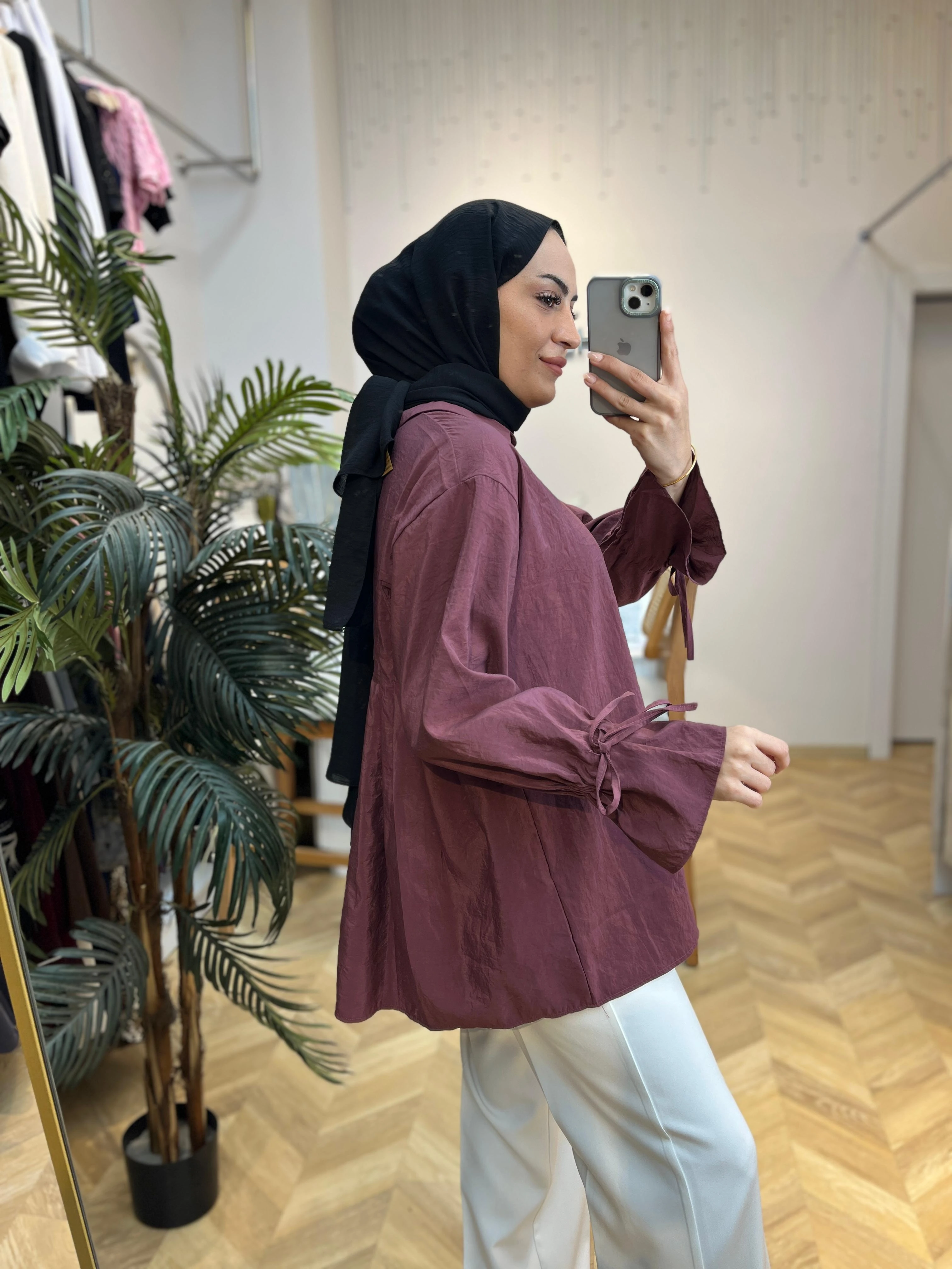 Tensel Düğmeli Gömlek Bordo