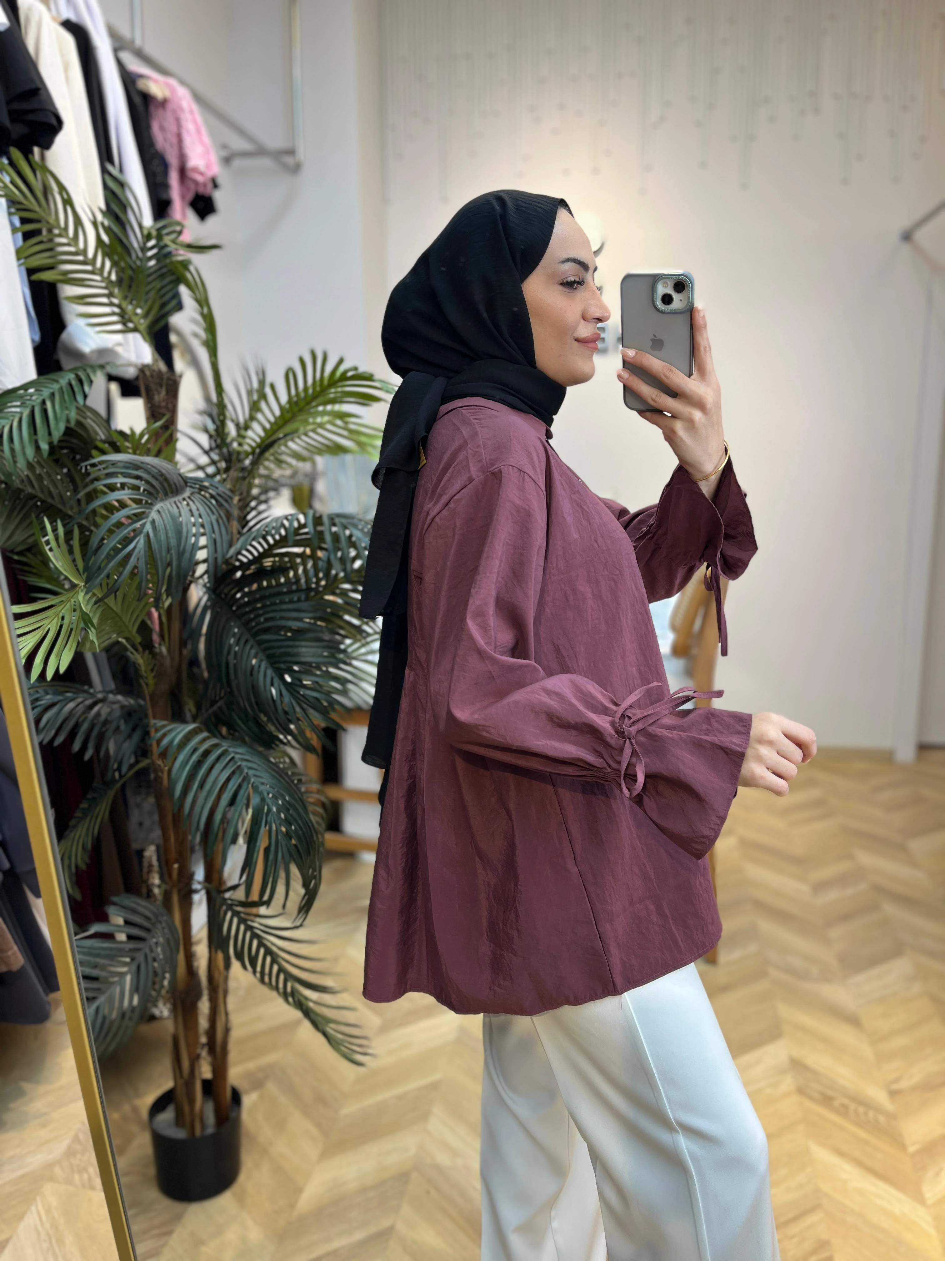 Tensel Düğmeli Gömlek Bordo