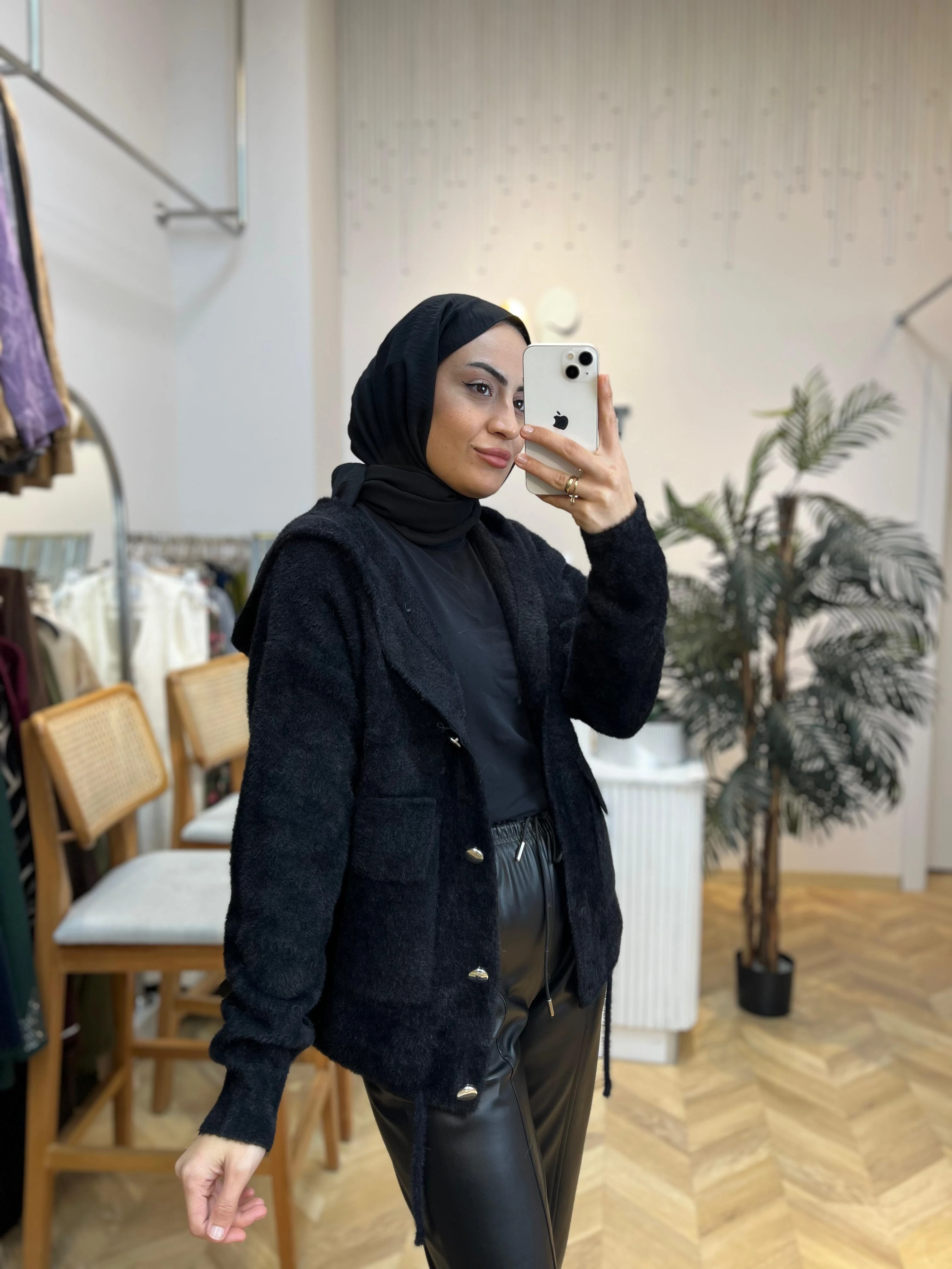 Kapşonlu Angora Hırka Siyah