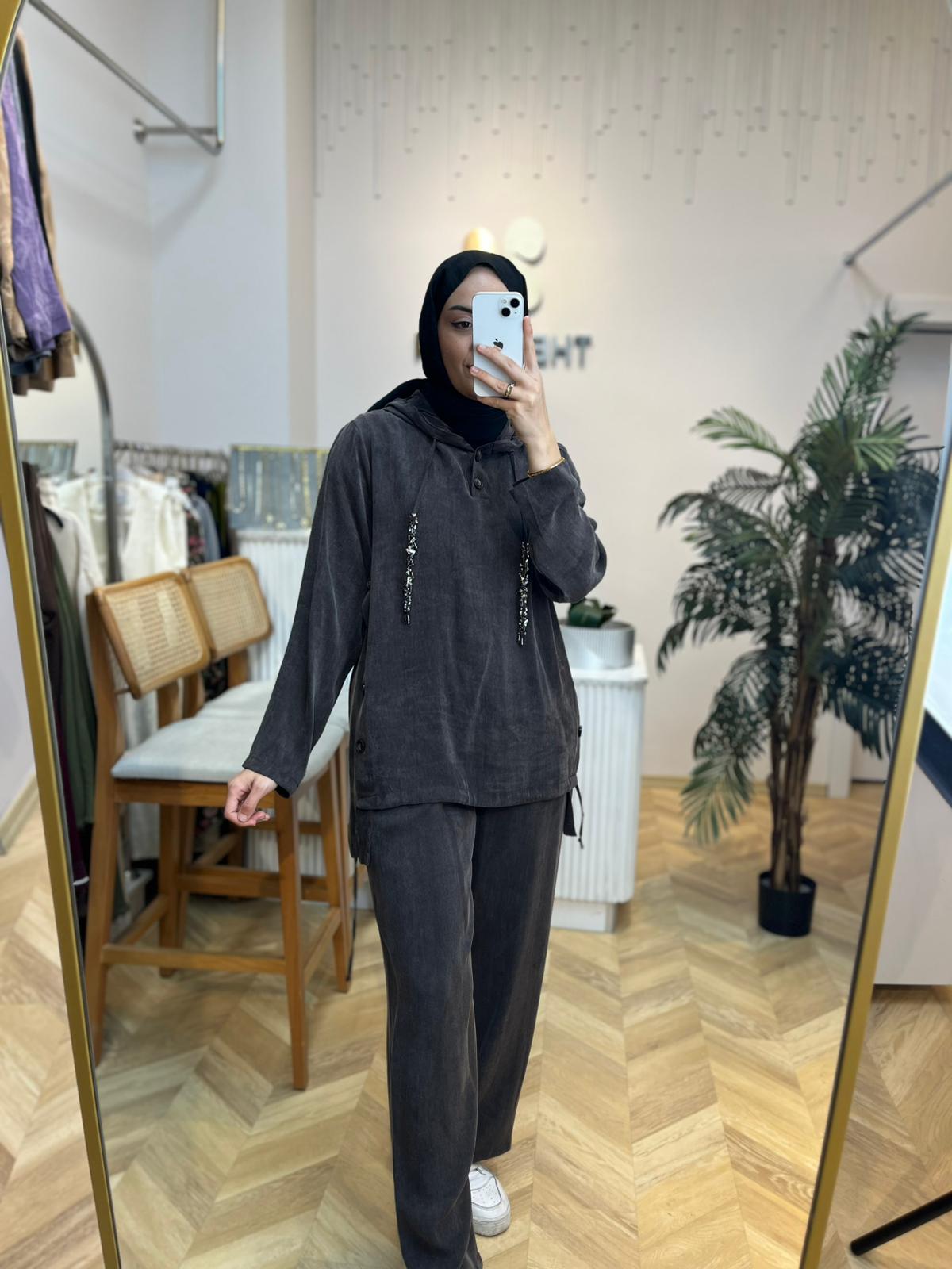 Pantolonlu Takım İpek Cupra Kahve