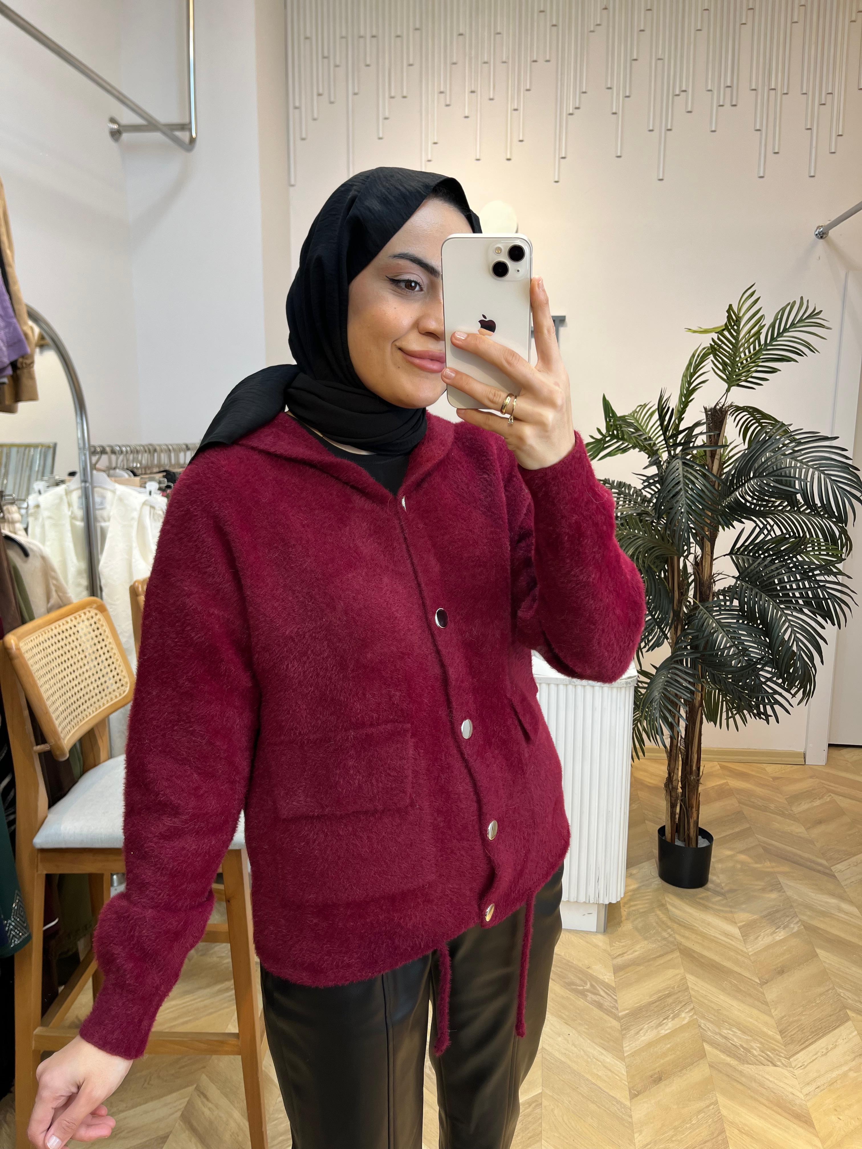 Kapşonlu Angora Hırka Bordo