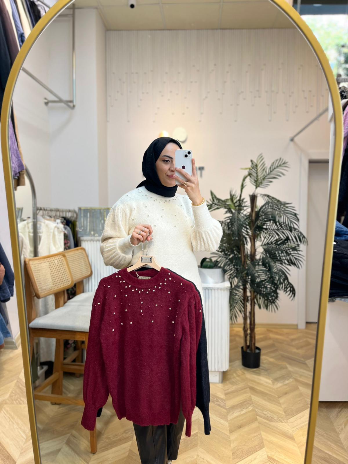 Angora Taşlı Kazak Bordo