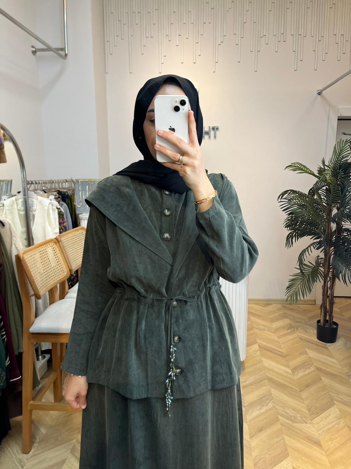 Ceketli İpek Cupra Yeşil